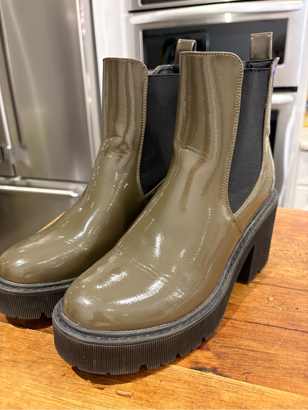 Dirty Laundry Yikes Platform Women’s Chunky Chelsea Boots in Olive Patent